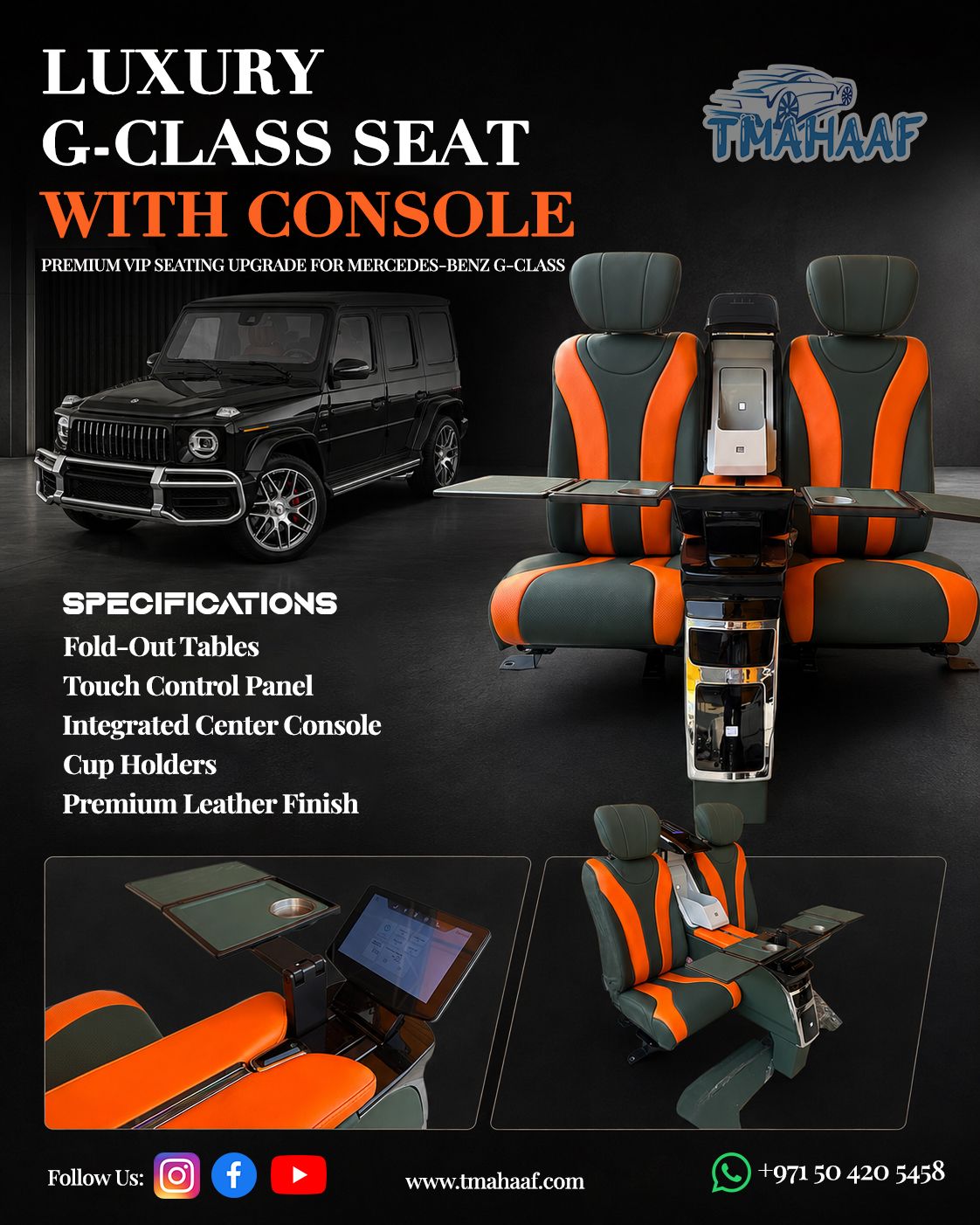 Luxury Mercedes-Benz G-Class VIP rear seat with center console and premium leather interior in Dubai