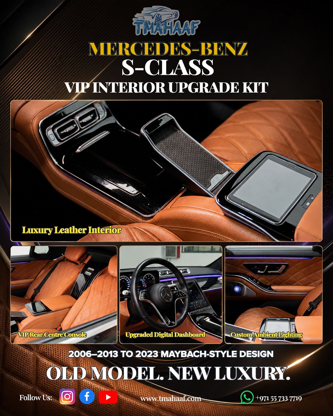 Mercedes-Benz S-Class W221 VIP interior upgrade with quilted leather, digital dashboard and rear center console in Dubai