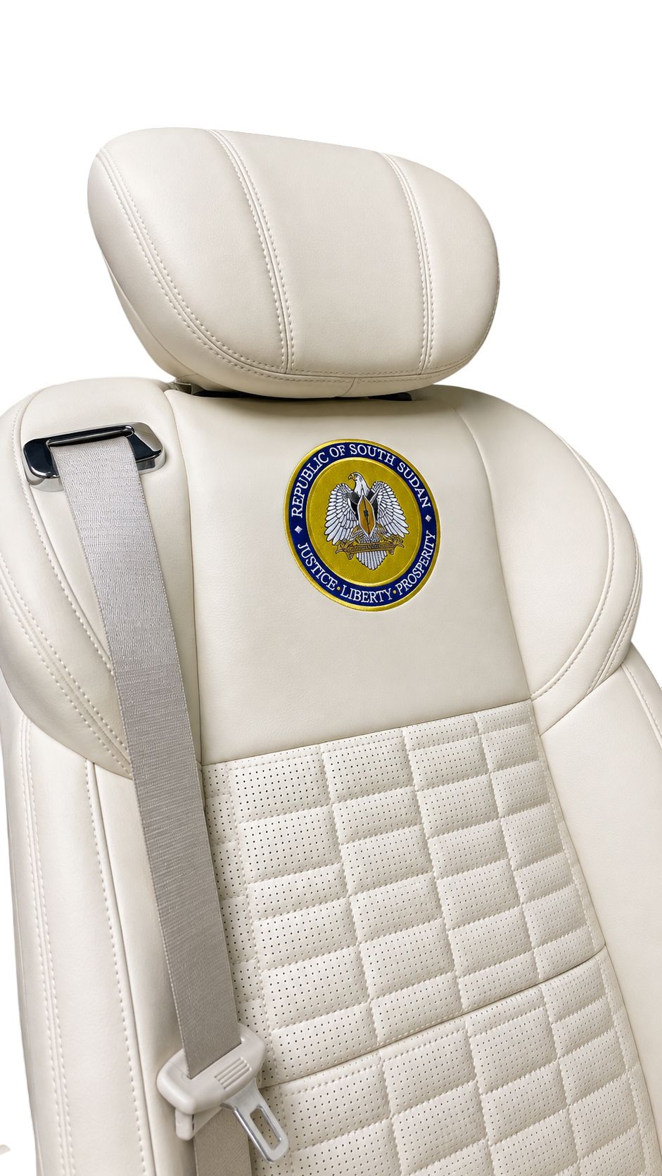 Custom cream leather car seat with perforated quilted upholstery in Dubai